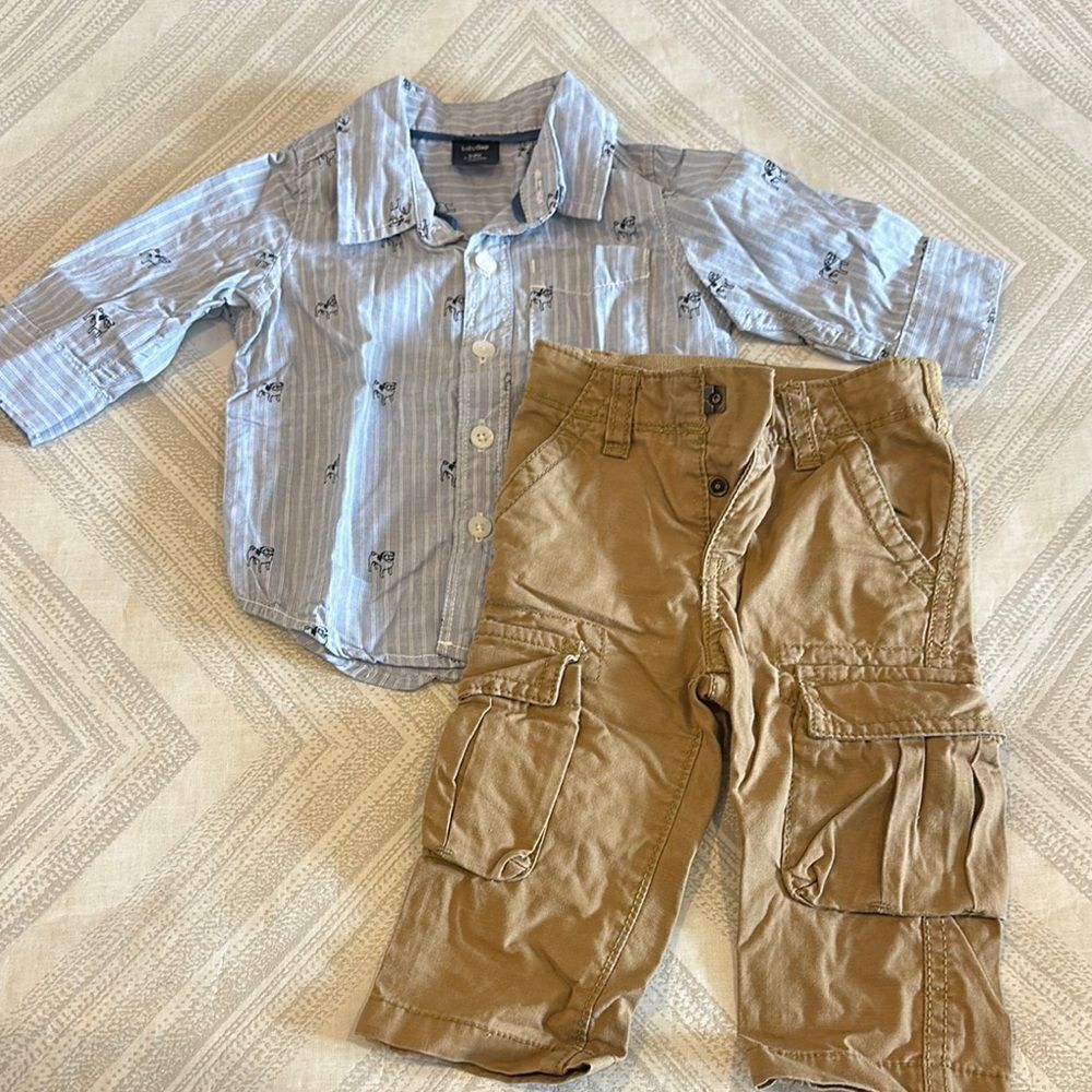 Baby Boys Blue Striped Button Down Shirt + Tan Cargo Pants: Size 3-6 Months